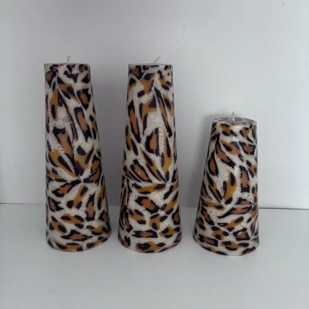 3 UNSCENTED Animal Print Candles Leopard Print: cone shape